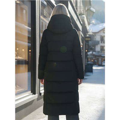 Пальто утепленное стеганное зимнее с капюшоном женское черного цвета 9606Ch