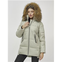Куртка женская зимняя с мехом енот премиум класса светло-зеленого цвета 381ZS