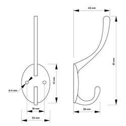 Крючок мебельный ТУНДРА TKd=002 LIGHT, двухрожковый, золото, 4 шт. TMP