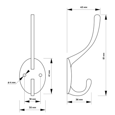 Крючок мебельный ТУНДРА TKd=002 LIGHT, двухрожковый, золото, 4 шт. TMP