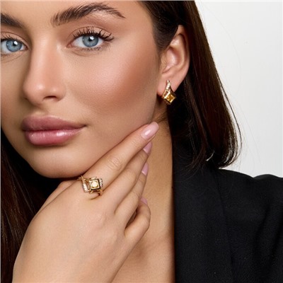 Комплект ювелирной бижутерии коллекция "Дубай" серьги и кольцо 19 р, покрытие позолота, вставка: фианит и цирконы, цвет: желтый и прозрачный, арт.414.632-19