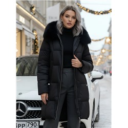 Пальто зимнее утепленное с мехом и капюшоном тренд черного цвета 7630Ch