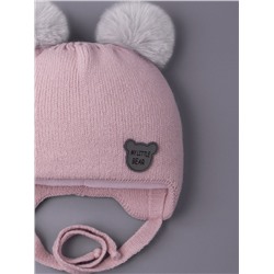 Шапка вязаная детская с двумя помпонами на завязках, нашивка MY LITTLE BEAR, пудровый