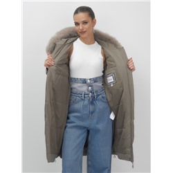 Пальто зимнее утепленное с мехом и капюшоном тренд темно-коричневого цвета 7753TK