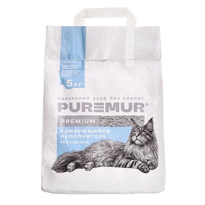 Наполнитель минеральный комкующийся PureMur Premium 5 кг,бумажный пакет