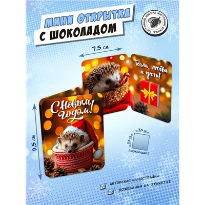 Мини открытка, НОВОГОДНИЙ ЁЖИК, молочный шоколад, 5 гр., TM Chokocat