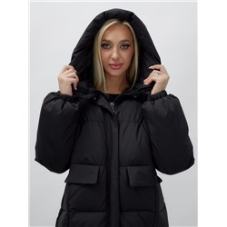 Куртка летучая мышь женская с капюшоном зимняя черного цвета 9621Ch