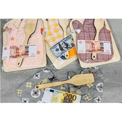 Подарочный набор 8 Марта - доска разделочная, лопатка, набор прихваток, сувенир-купюра