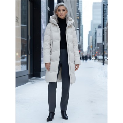Пальто зимнее утепленное с капюшоном женское бежевого цвета 7779B
