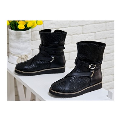 Женские высокие ботиночки в стиле UGG из натуральной текстурированной кожи черного цвета , Коллекция осень-зима 2017-2018, Б-17119