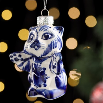 Ёлочная игрушка гжель «Кошка», бело-синяя,керамика, 8 см,