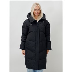 Пальто летучая мышь женское с капюшоном зимнее черного цвета 9616Ch