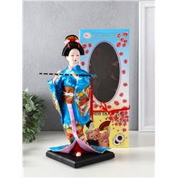 Кукла коллекционная «Японка в шелковом голубом кимоно с флейтой», 30×12.5×12.5 см