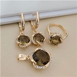 Комплект ювелирной бижутерии коллекция "Дубай" серьги, кулон и кольцо 20 р, покрытие позолота, вставка: стекло и цирконы, цвет: коричневый и прозрачный, арт.414.557-20