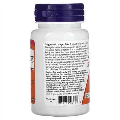 NOW Foods, метилфолат, 1000 мкг, 90 таблеток