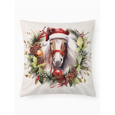 Наволочка декоративная новогодняя «Этель. Лошадь в венке», 40×40 см, велюр