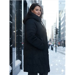 Пальто зимнее утепленное женское большого размера черного цвета 7699Ch