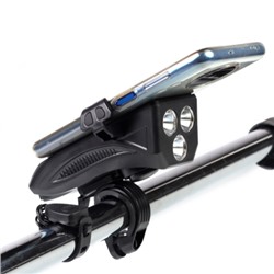 Фонарь передний COMIRON "HOLDER" ABS, IPX5; 3*T6 LED, 400lm 4800mAh USB индикатор заряда POWER BANK сигнал 130Дб крепление смартфона чёрный /уп 20/80/