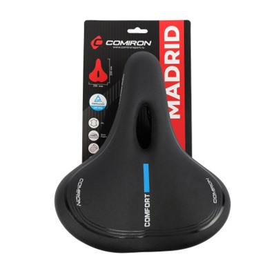 Седло велосипедное комфортное COMIRON MADRID C034 250x210, Технологии: DW, ED. Верх: PU с пресс. принтом/Глянец, Цвет: Чёрный+Синий /уп 20/
