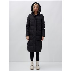 Пальто утепленное стеганное зимнее с капюшоном женское черного цвета 9628Ch