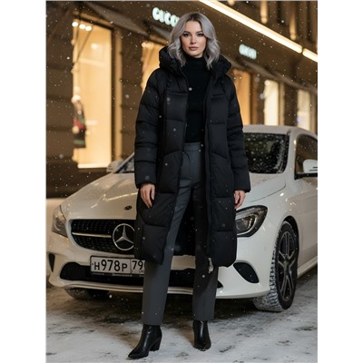 Пальто зимнее утепленное с капюшоном женское черного цвета 7702Ch