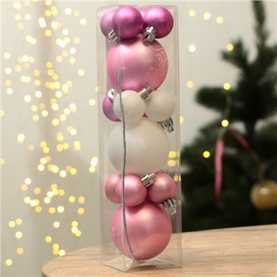 Ёлочные игрушки, шары новогодние, d=3 и d=6, 15 шт., цвет розовый и белый