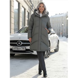 Пальто зимнее утепленное с капюшоном женское цвета хаки 7747Kh
