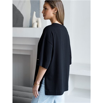 Футболка оверсайз с принтом пайетками из премиального хлопка с эластаном