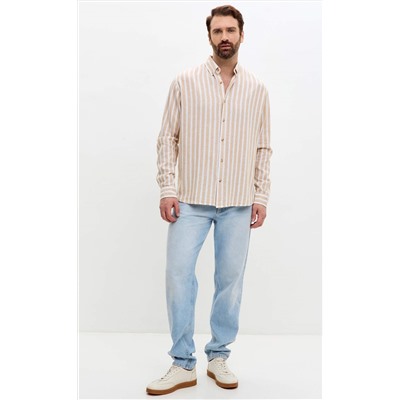 Рубашка д/р лен F611-0483 beige stripes