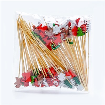 Набор бамбуковых шпажек для канапе "Новогодний микс" 100 штук по 12 см.