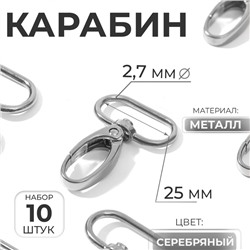 Карабин металлический, 45×32 мм / 25×2.7 мм, 10 шт., цвет серебряный