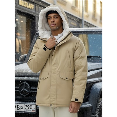 Парка мужская зимняя удлиненная с мехом горчичного цвета 8755G