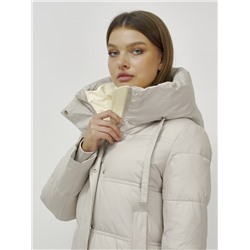 Пальто утепленное стеганное зимнее с капюшоном женское бежевого цвета 9625B