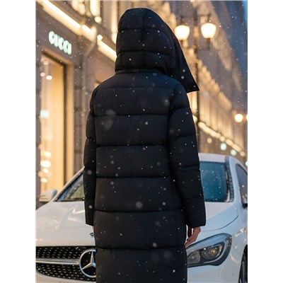 Пальто зимнее утепленное с капюшоном женское черного цвета 7700Ch