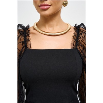 Платье-футляр чёрное трикотажное с рукавами из сетки