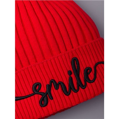 Шапка вязаная детская с отворотом, вязка лапша, SMILE, красный
