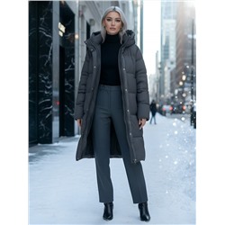 Пальто зимнее утепленное с капюшоном женское темно-коричневого цвета 7618TK