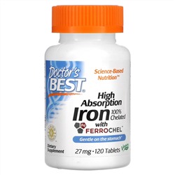 Doctor's Best, легкоусвояемое железо с Ferrochel, 27 мг, 120 таблеток