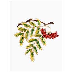 Брошь «Ветка Рябины», красно-зелёная в золоте