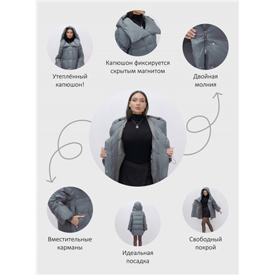 Куртка зимняя женская с большим капюшоном модная темно-серого цвета 7739TC