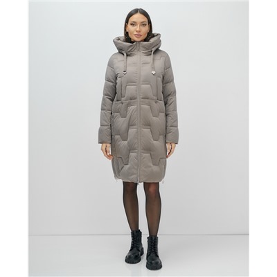 Пальто зимнее утепленное с капюшоном женское серого цвета 7638Sr
