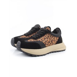 04-PCML24-1 BLACK/LEOPARD Кроссовки демисезонные женские (натуральная замша, натуральная кожа, байка)