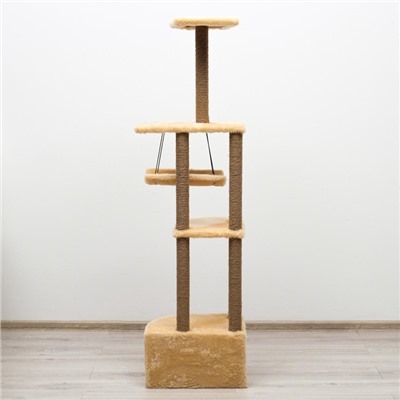 Комплекс для кошек с когтеточкой, угловой, с гамаком, 48×48×171 см, джут, искусственный мех, беж