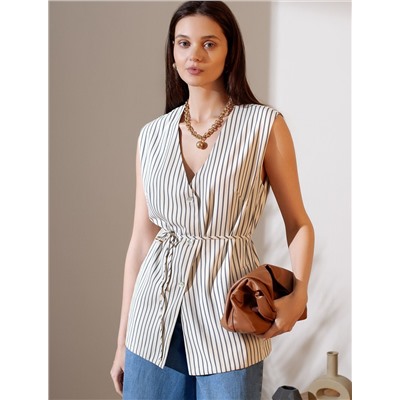 Удлиненный костюмный жилет в полоску с поясом из легкого хлопкового поплина