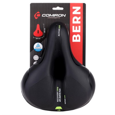 Седло велосипедное комфортное COMIRON BERN N669A 255x210, Технологии: ED, Эластомер, Верх: PU с пресс. принтом, Цвет: Чёрный+Желтый/ АКЦИЯ /уп 20/
