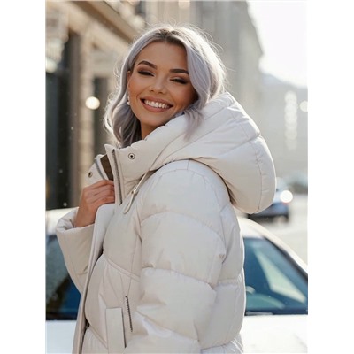 Пальто зимнее утепленное с капюшоном женское бежевого цвета 7747B