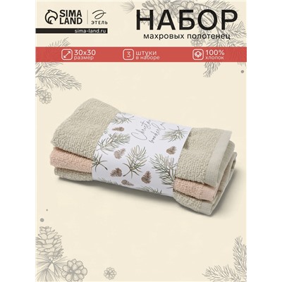 Полотенца махровые «Этель» Wonderland, 30×30 см - 3 шт., 340 г/м², 100% хлопок