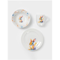 Набор детской посуды Дулевский фарфор «Зайчик», 3 предмета: тарелка 175 мл, миска 360 мл, кружка 210 мл, белый