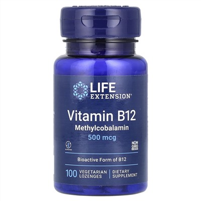 Life Extension, витамин B12, метилкобаламин, 500 мкг, 100 вегетарианских пастилок