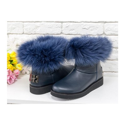 Женские ботиночки в стиле UGG из натуральной кожи флотар темно-синего цвета и натурального шикарного меха песца, коллекция Зима , Б-17113-08